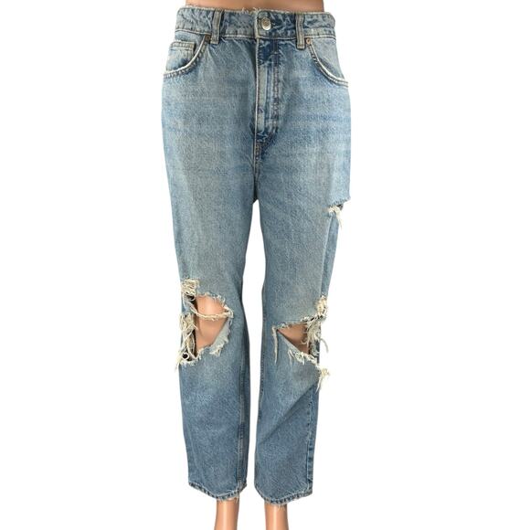 Zara Women's Blue Distressed High Waisted Straight Crop Denim Jeans Size 10 - Picture 1 of 5